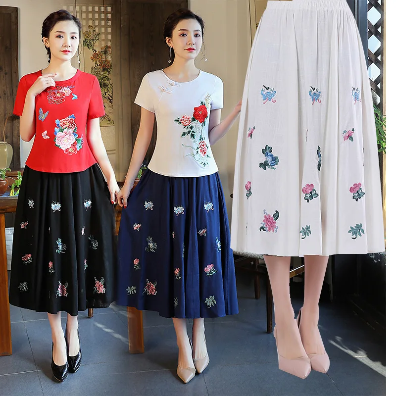 

New Summer Ethnic-Style Linen Embroidery Longuette High-waisted Big Hemline Joint Versatile Skirt