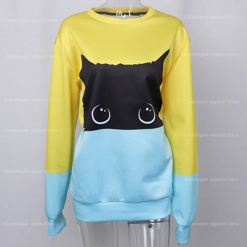Kawaii черный Кот Толстовка для женщин с длинным рукавом осень зима толстовки пуловер унисекс парный спортивный костюм для пар забавная желтая Милая Толстовка 3d