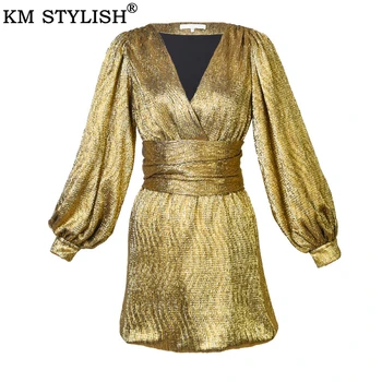 

Women Clothes High-end banquet Gold bright silk deep V-neck dress French retro lantern sleeves sexy high waist girdle mini dress