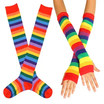 

Womens Rainbow Stripes Over Knee Thigh High Socks Arm Warmer Fingerless Gloves Set Fancy Dress Cosplay Masquerade Party Costume