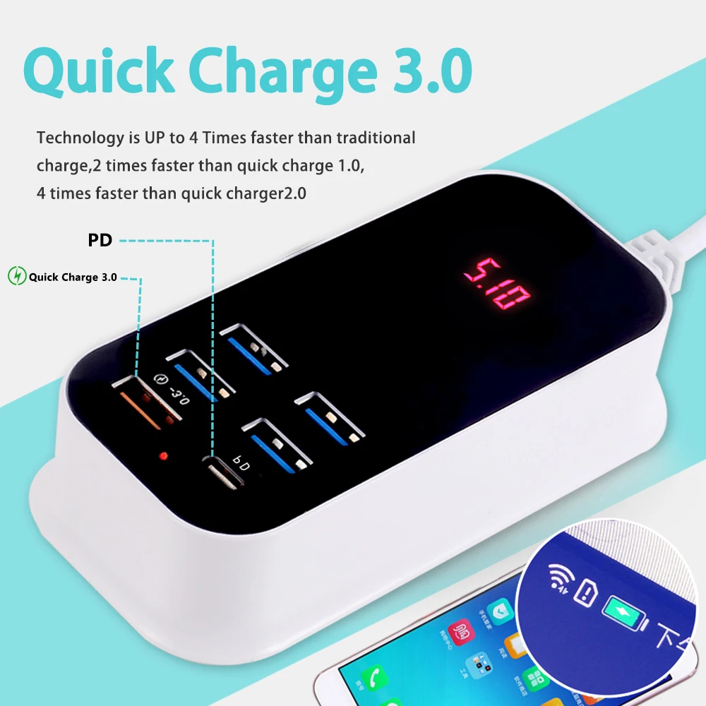 Зарядное устройство USB с 6 USB-портами для iPhone iPad Xiaomi Samsung Многоуровневая настенная