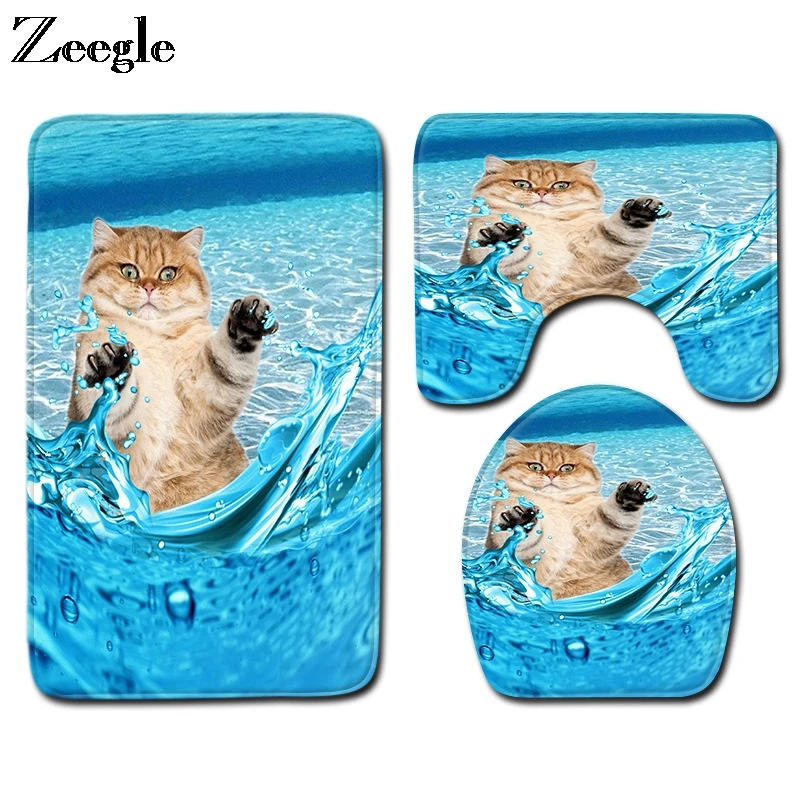 Cat Bath Mat Set Anti Slip Bathroom Doormat Shower Mat Flannel Soft Toilet Pedestal Rug Foot Mat Absorbent Soft 3pcs Toilet Set