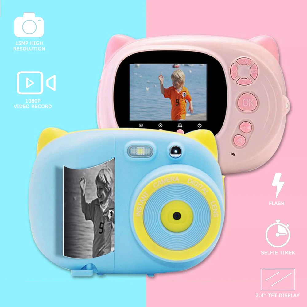 

1080P Cartoon Kids Camera Photo Instant Print 15MP WiFi Digital Camera Children Video Recorder Camcorder Cameras Gifts For Kids