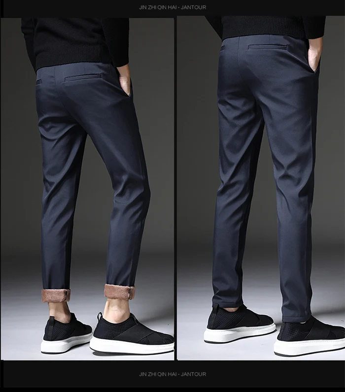 Новые мужские Зимние флисовые утепленные повседневные штаны, мужские деловые прямые эластичные плотные клетчатые хлопковые серые брюки для мужчин