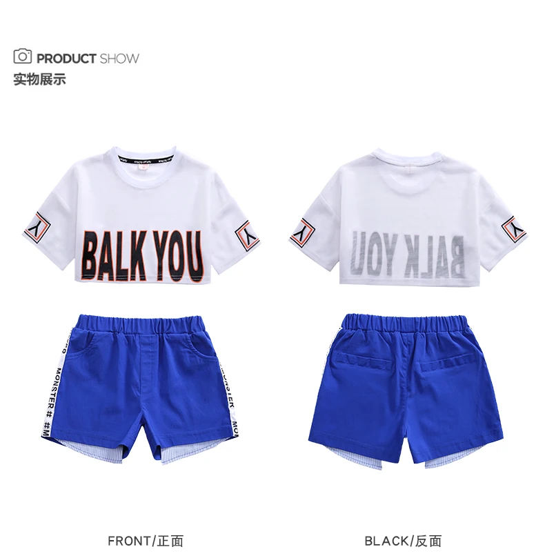 Children White Jazz Dance Costumes Girls Letter Crop Top Blue Shorts Dance Sets Hip Hop Modern Party Stage Outfits (35)