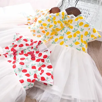 

Summer Girls Plate Buttons Fringed Printed Leaves Dress Wholesale Children's Clothing