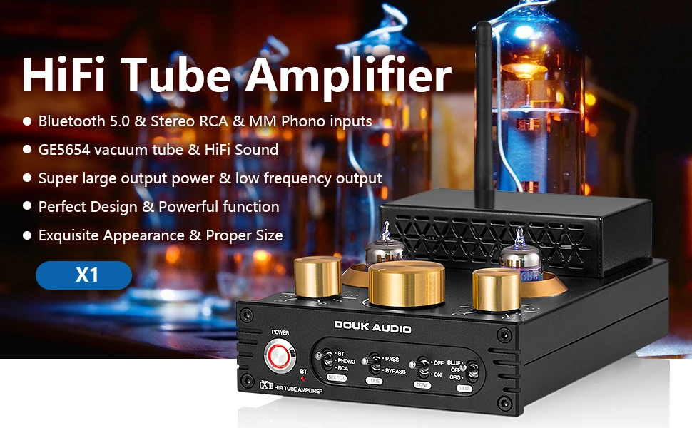 Douk Audio X1 HiFi GE5654 Vacuum Tube Amplifier Bluetooth 5.0 Receiver MM Phono Amp for Home Turntables Power Amp APTX-HD 160W*2