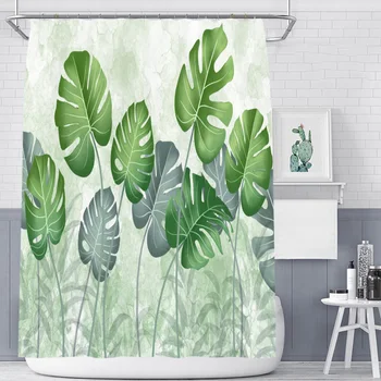 

1pc Waterproof Shower Curtain Leaf Pattern Bath Drapery (Light Green)