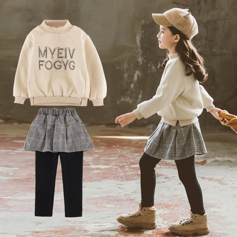 

Girls Late Autumn Winter Clothes Sets Long Sleeve Sweater Plaid Skirt Long Pants Outfits Tracksuit 4-12Y Kids 2pcs Sets Clothes