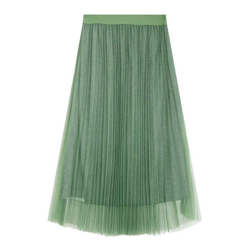 Женская плиссированная юбка с оборкой ELF SACK, повседневная юбка коричневого блестящего цвета со средней талией, трапециевидная юбка с кружевами, модная юбка до середины голени для весны и лета - Цвет: Зеленый