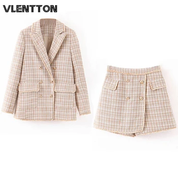 

2020 Spring Autumn Vintage Plaid Tweed Two Piece Set Women Metal Button Office Blazer Jacket Coat+Mini Shorts Skirt Suits Ladies