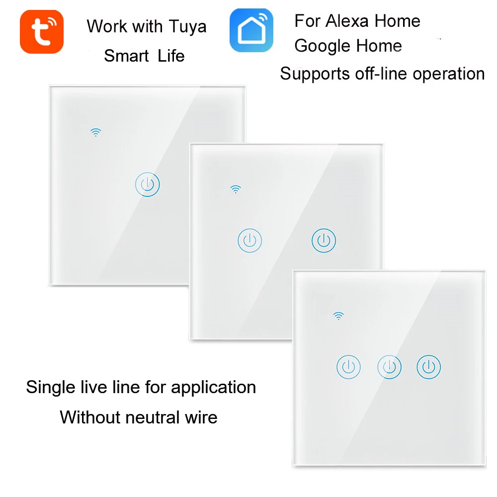 1/2/3 Gang 1 Way Tuya WiFi Smart Switch Wall Light Switch WiFi Single live line for application without neutral wire