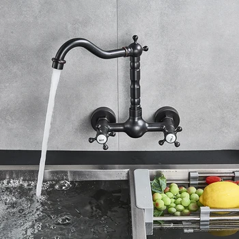 

FMHJFISD ORB Kitchen Faucet Wall Mounted Mixer Tap Faucets Dual Handles Hot Cold Water Mixer Tap For Kitchen 360 Rotation