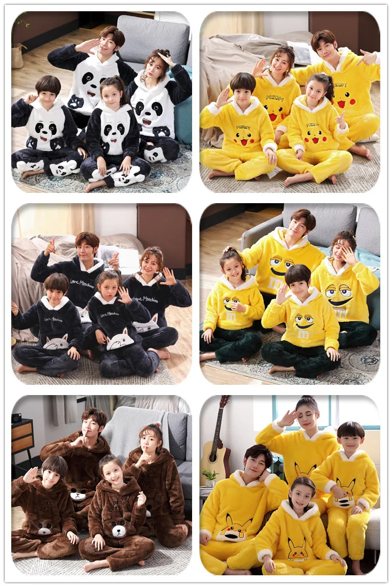 Зимняя семейная Пижама для родителей и детей; Детские фланелевые пижамы; утепленная толстовка с капюшоном и длинными рукавами; домашняя одежда с изображением панды