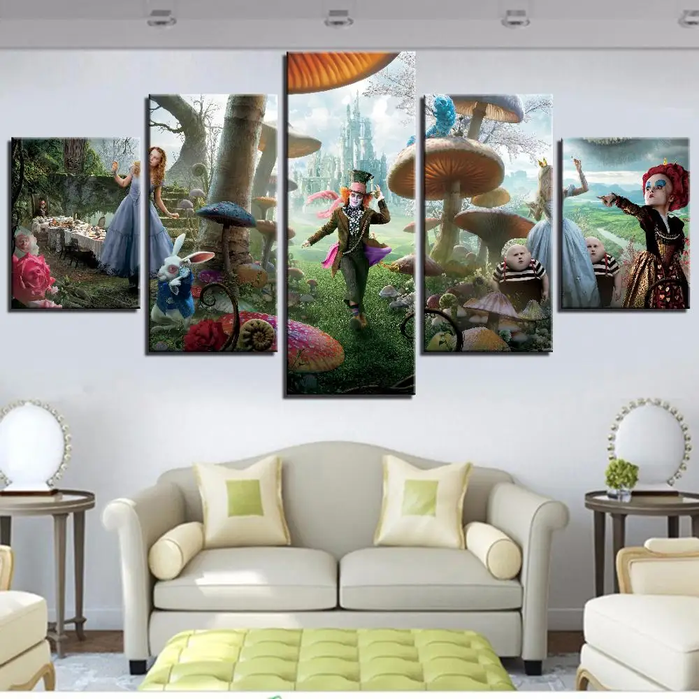 5 Pieces Wonderland Canvas Painting Movie Posters Alice In Forest Wallpapers Animal Picture For Home Kids Room Decor Abstract | Дом и сад