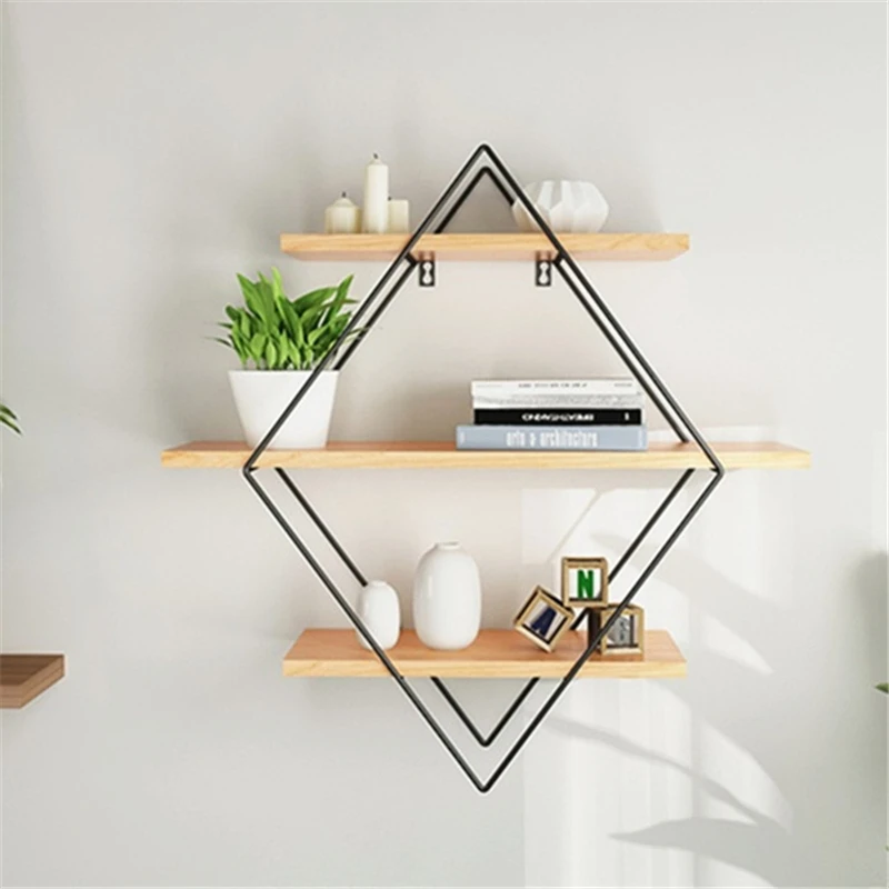 

Iron Metal Retro Wood Wall Storage Shelves Rhombus Bookshelf Storage Holder Book Rack Modern Bedroom Office Kitchen Bathroom Dec