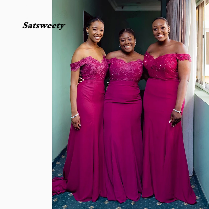 Fuchsia Sheath Bridesmaid Dresses Long For Nigerian Wedding Banquet Elegant Off Shoulder Sweetheart Bridesmaid Dress Sweep Train