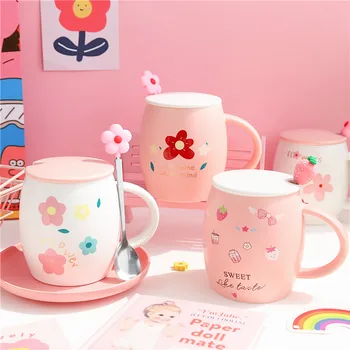 

500ml Korean Cute Pink Ceramic Mug Cartoon Coffee Cup with Lid & Spoon Creative Breakfast Milk Mugs Large Capacity Drinking Cups