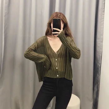 

Summer Knitting Cardigans Women's Green Summer Top Lady Pluse Size Sweater Cardigans Losse Button Front Cardigans Top C9512