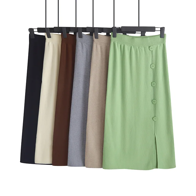 

High Waist Autumn Winter Knitted Women Skirts Warm skirt Long Female Rib Skirts With Button