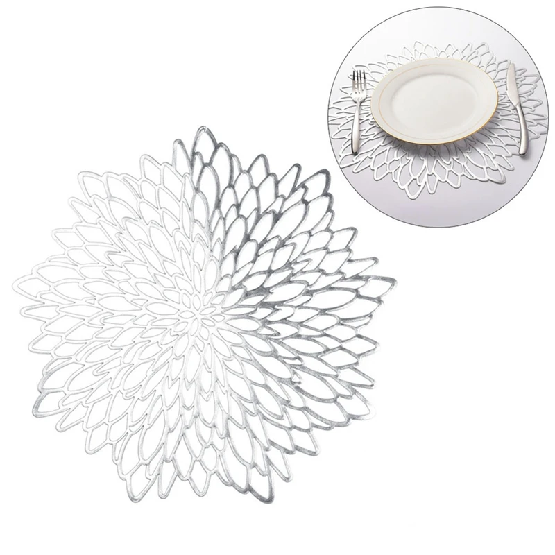 6PCS PVC Placemat for Dining Table Hollow Pad Coaster Pads Table Bowl Mats Gold
