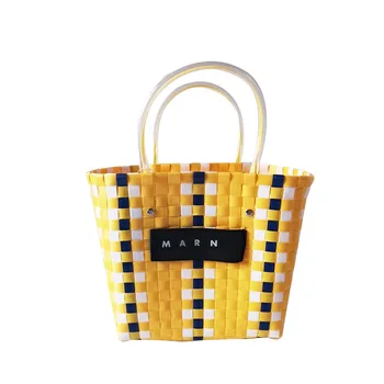 

New Lady's Straw Woven Handbag Simple and Environmentally Friendly Shopping Bag Splicing Color Vegetable Basket Channels Handbag