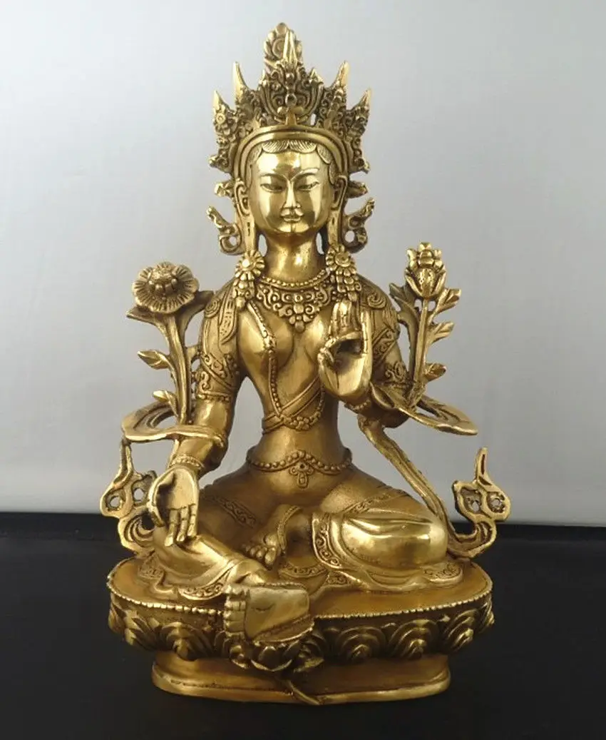 

8.5"Tibetan Buddhism Copper Green Tara God Godness Kwan-yin Buddha Statue