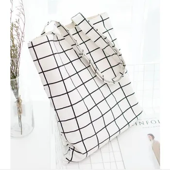 

Daily Use Foldable Canvas Shoulder Bag Female Casual Beach Handbag Girls Eco-friendly Tote Bag White Plaid Reusable Shopping Bag
