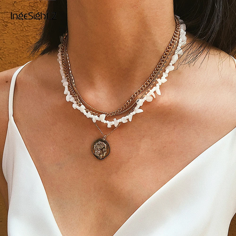 

IngeSight.Z Boho Multi Layer Natural Opal Stone Choker Necklace Collar Statement Carved Coin Pendant Necklace for Women Jewelry