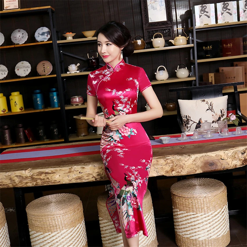 11Colors Woman Chinese Wedding Cheongsam China Traditional Elegant Flower&Peacock Split Qipao Women Silk Robe Bodycon Dresses