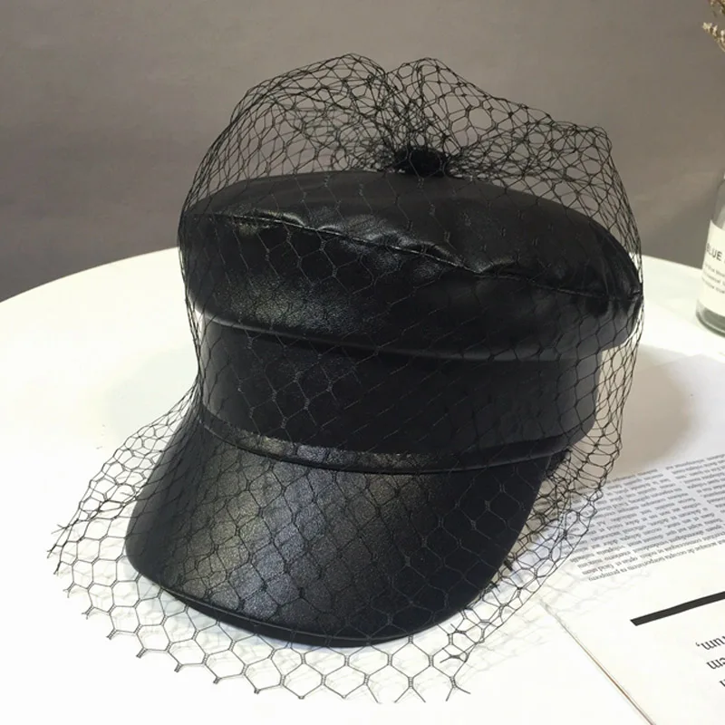 PU lace veil newsboy caps Fmale Flat top Mesh letter multiple styles