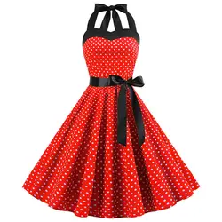 Сексуальное Ретро красное платье в горошек, 2019, Одри Хепберн, винтажное платье с лямкой на шее, 50 s, 60 s, готическое платье в стиле рокабилли