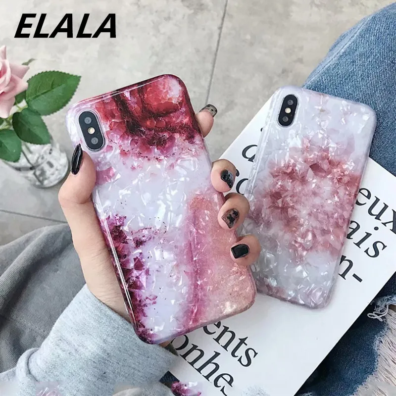 ELALA Glitter Marble Case For iphone X Cases Flower Pattern Glossy Conch Silicone Cover For iPhone 6 S 7 8 Plus X XR XS Max Case