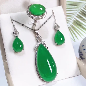 

2020 Gifts For Women Natural Green Jade Stone Necklace Earrings Ring Trendy Party 925 Sterling Silver Jewelry Christmas Gifts