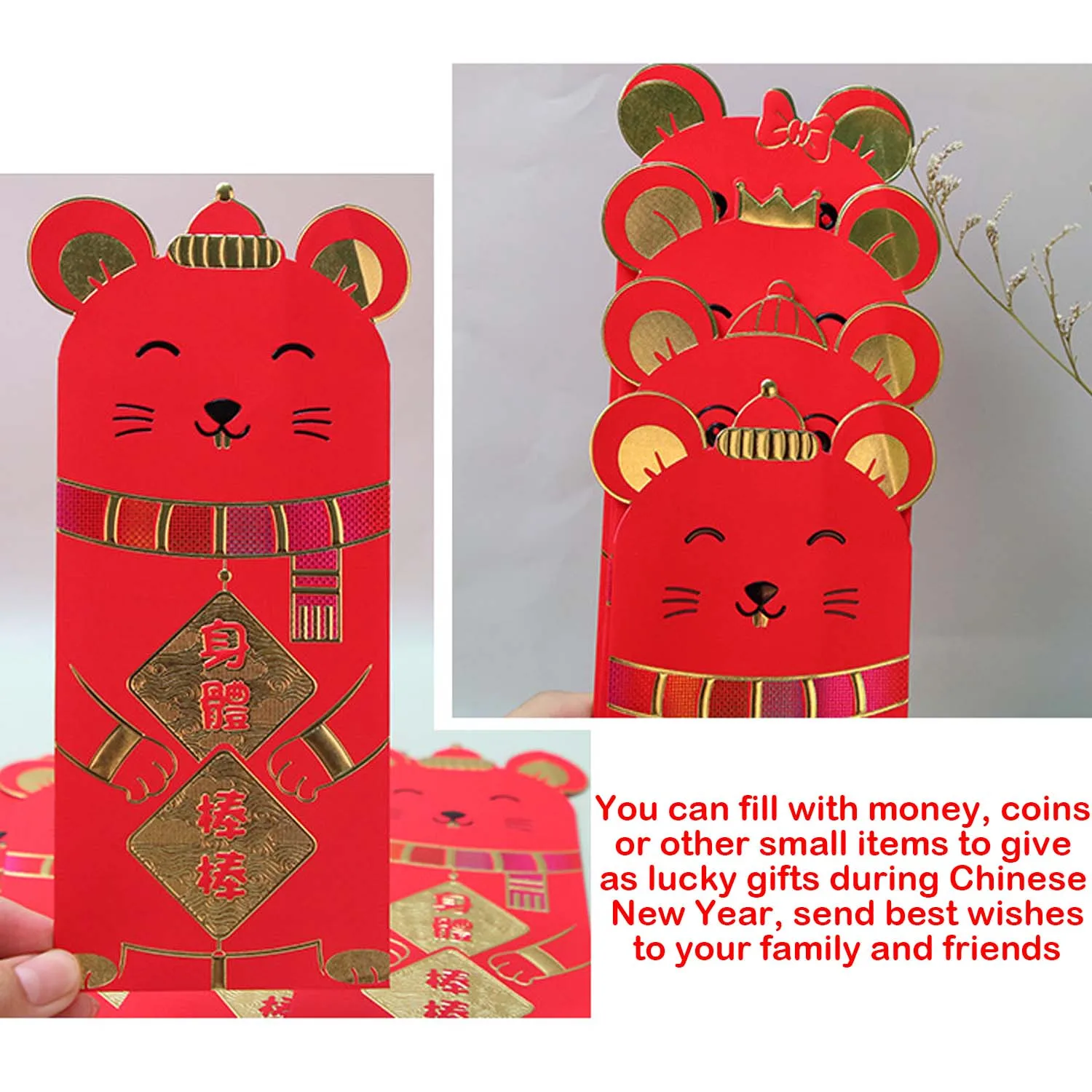 Besegad 18 шт китайские красные конверты год крысы Hong Bao счастливый конверт для денег на Лунный год, праздник весны случайный стиль
