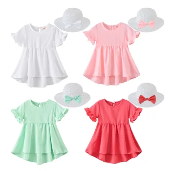 

Girl Flare Sleeve Dresses Summer Children Casual Solid Irregular Dress Hat Kids Casual Cotton Princess Dress 2-6y Girls Clothes