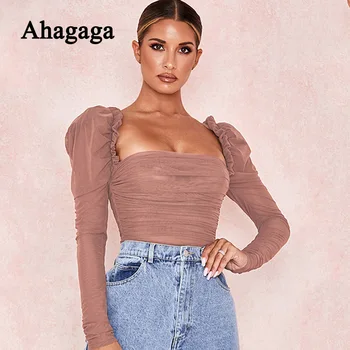 

2019 Autumn Mesh Bodysuits Women Long Sleeve Solid Color Translucent See-Through Skinny Bodycon Women Rompers Female Jumpsuits