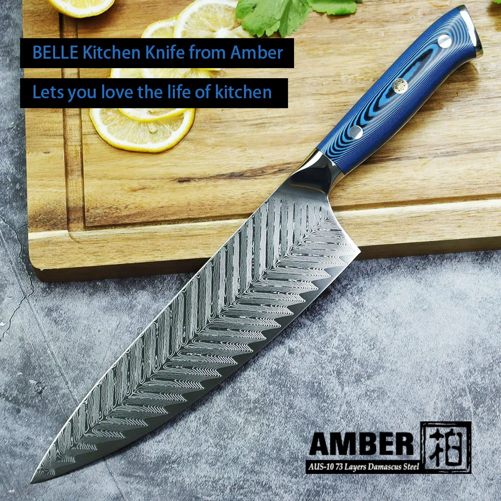 

AMBER AUS-10 Environmental Pakka Belle Wood Handle Ladder Pattern Damascus Knife 73 layers Damascus Steel 8 inch Kitchen Chef Kn