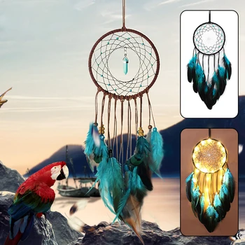 

Dream Catcher Blue Feather Handmade Hanging Dream Catch with Light Feather Descor HomeDecoration Ornament Festival Creative Gift