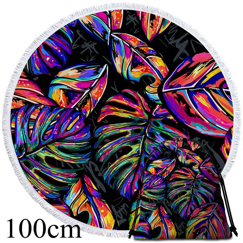 004 Towel 100cm-Bag Постельные принадлежности Outlet цветы круглый пляжное полотенце микрофибра листья банное полотенце кисточки тропические растения Красный Зеленый Белый Коврик для пикника toallas - Цвет: 004 Towel 100cm-Bag