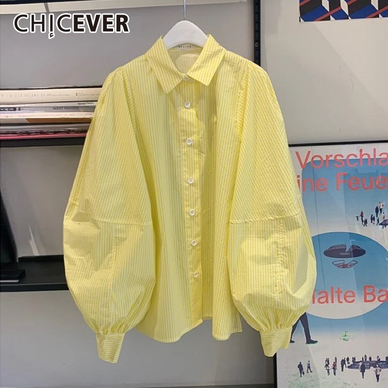CHICEVER Весенняя полосатая Желтая Женская рубашка с отложным воротником пышными