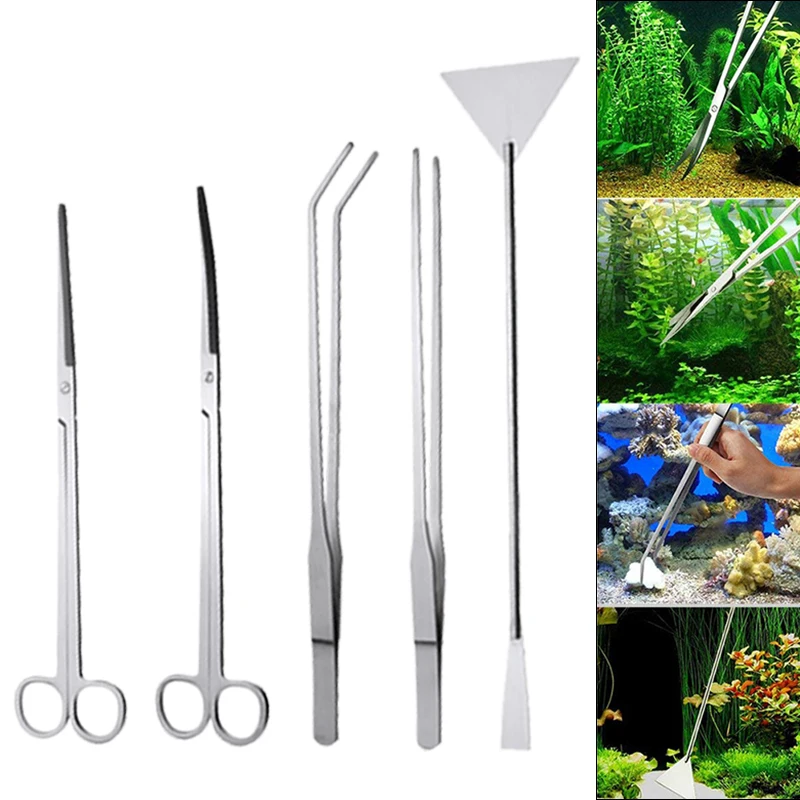 

5Pcs New Stainless Steel Aquarium Tool Plant Tweezers + Scissors + Shovel Set For Live Plants Grass Cleaning Tools