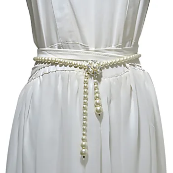 

Women Flowers Design Belt Metal Pearl Rhinestone Clasp Front Stretch Waistband Gold Elastic Waist Belt Flowers Chain Belt