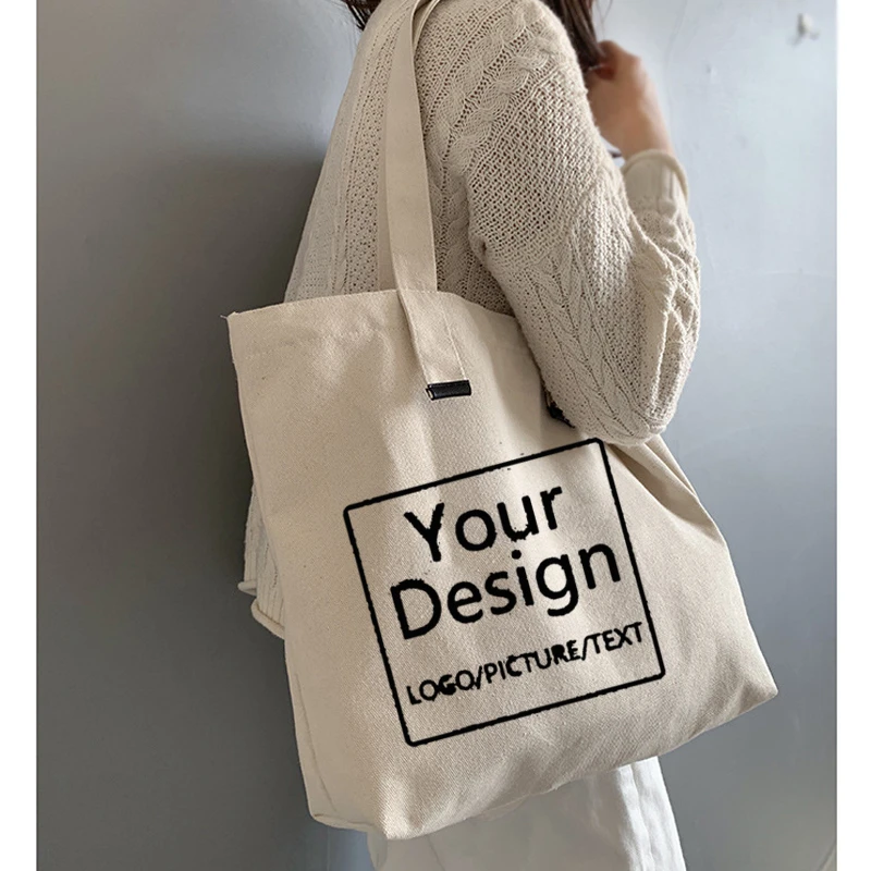 Canvas Bag Custom Logo Tote Bag Shopping Add Your Text Letter Picture Print Design White Unisex