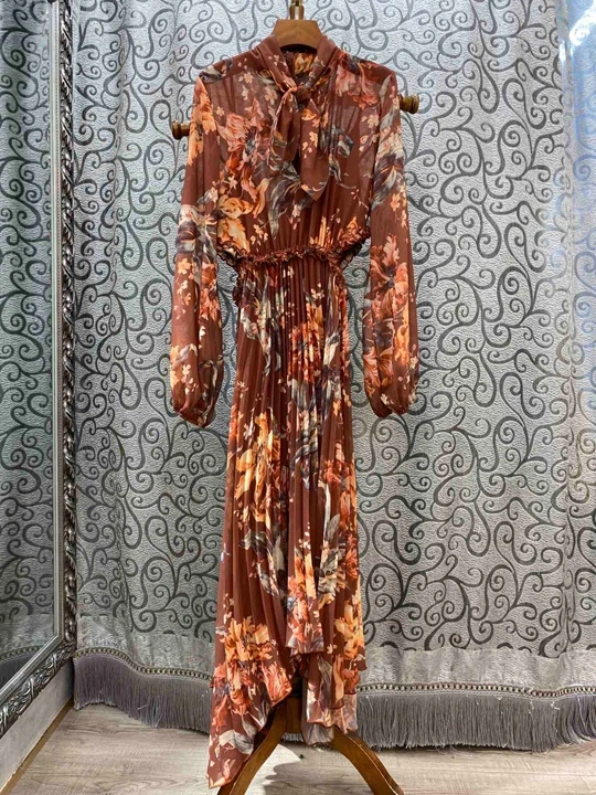 

2019 Early Autumn New Women's Neckle Knotted Decorative Printing Patterns Waist-folded Long-sleeved Dress 921