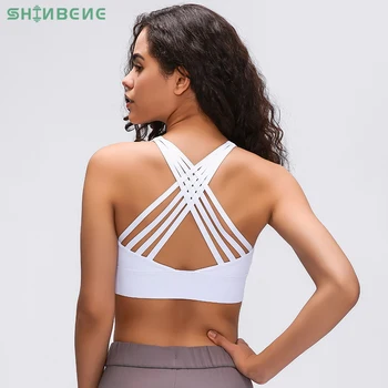 

SHINBENE 4-Ply CROSS Strap Plain Running Workout Bras Women Naked-feel Fabric Shockproof Gym Training Yoga Sports Bra Tops XS-XL