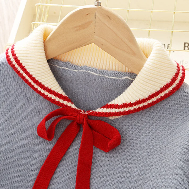 

2019 Autumn New Style CHILDREN'S Suit Korean-style University Style Knitted Bow Fold-down Collar Long Sleeve + Pleated Skirt Two