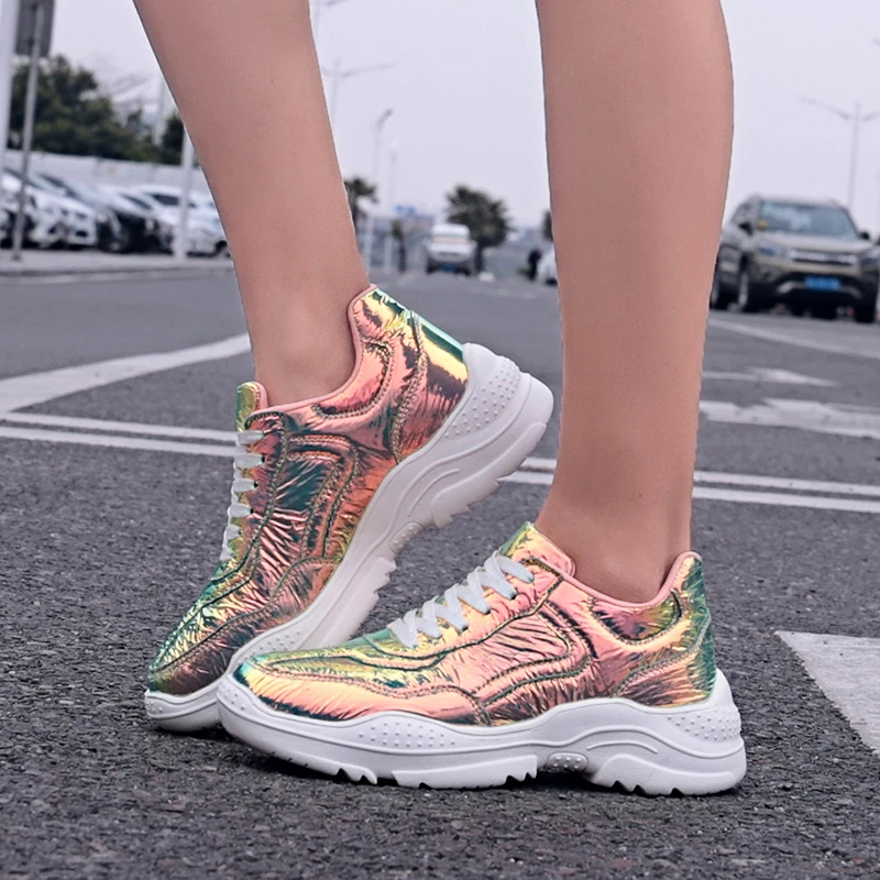 

Femal Casual Shoes Bright Face Wrinkled Thick Bottom Hong Kong Style New Casual Ladies Shoes Breathable Jogging Shoes