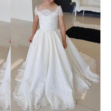 Cute Long Girls Bridal White Lace Cap Sleeves Girls First Communication Dress Celebration Gowns Flower Girl Dresses 2021