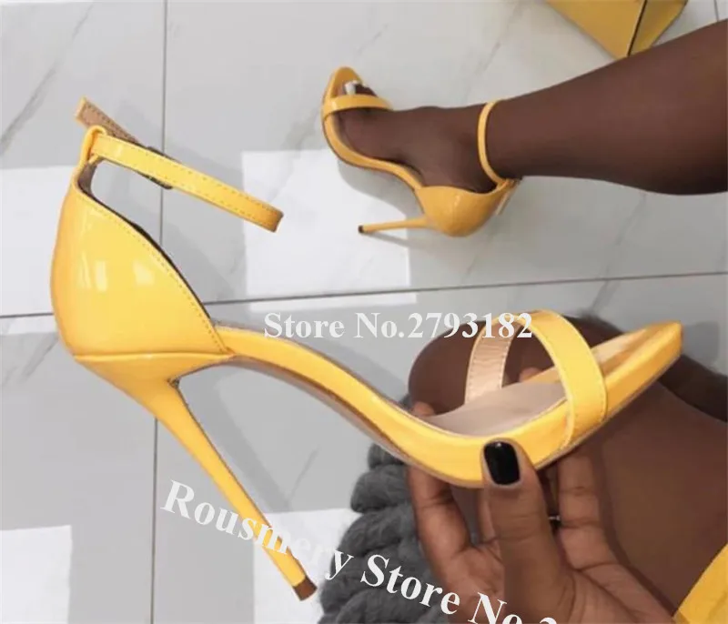 

Women Elegant Open Toe One Strap Stiletto Heel Sandals Yellow Patent Leather Ankle Strap High Heel Sandals Formal Dress Heels